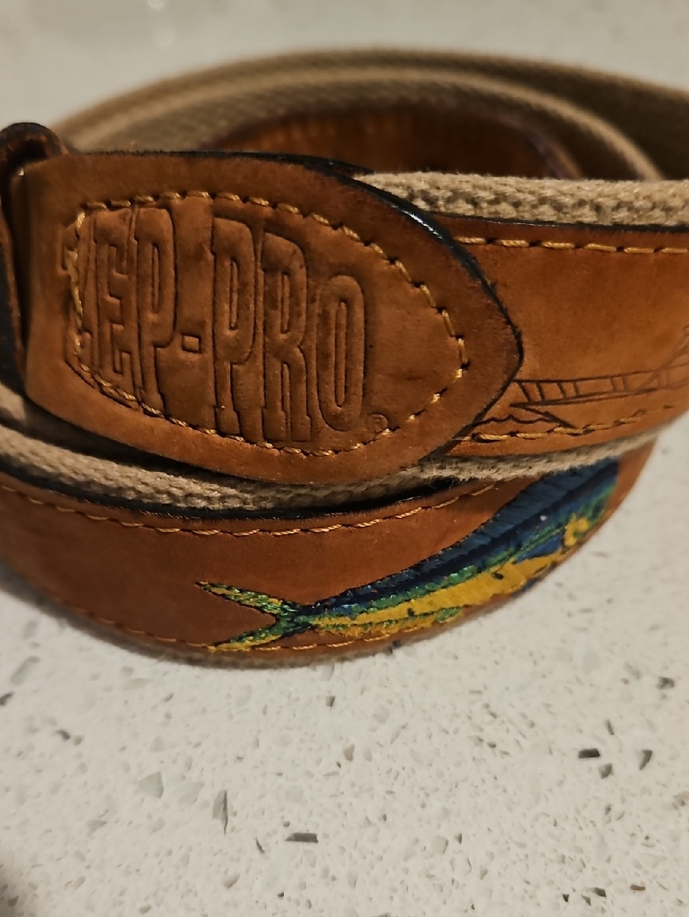 Zep-Pro Leather And Canvas Men’s Belt with Mahi Mahi. Size 40